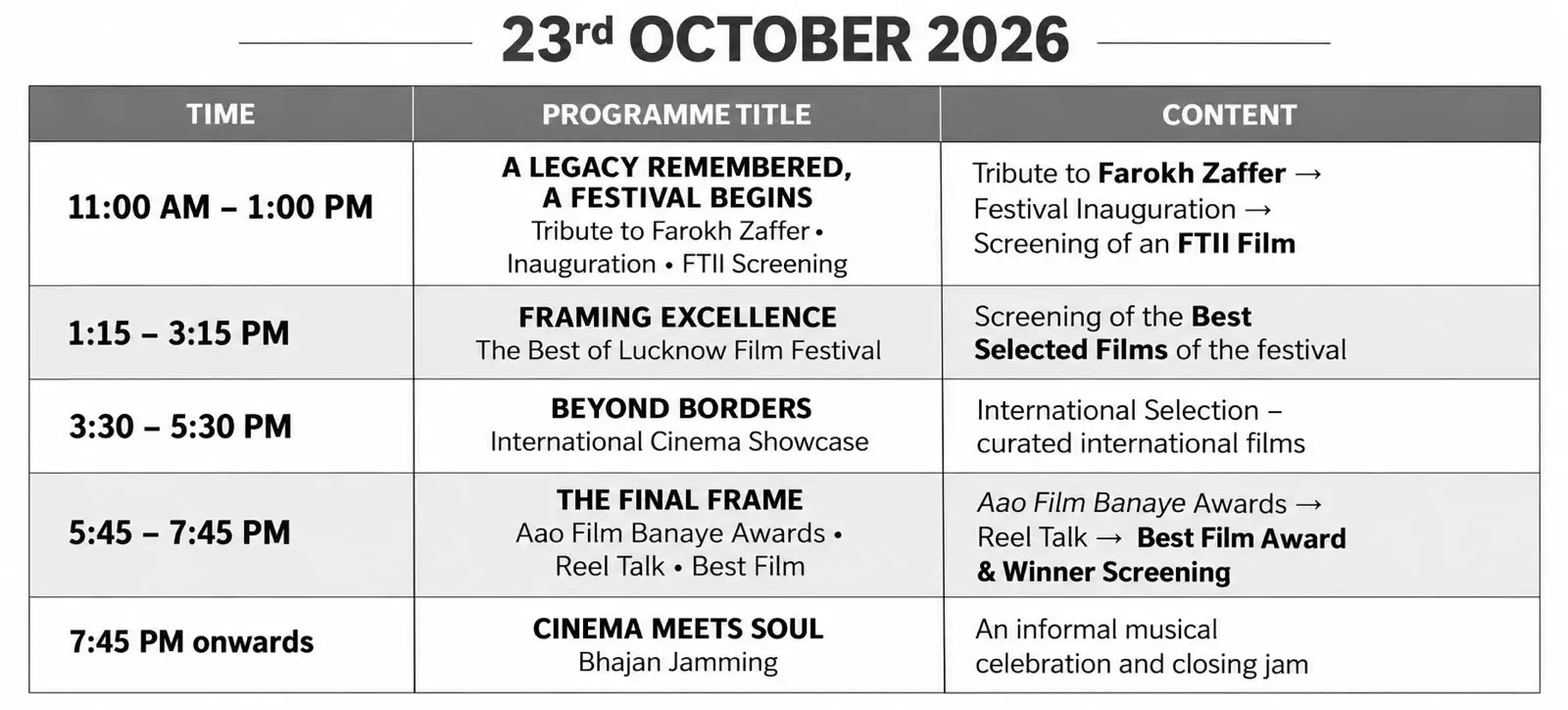 Lucknow Film Festival 23 October 2026 Programme