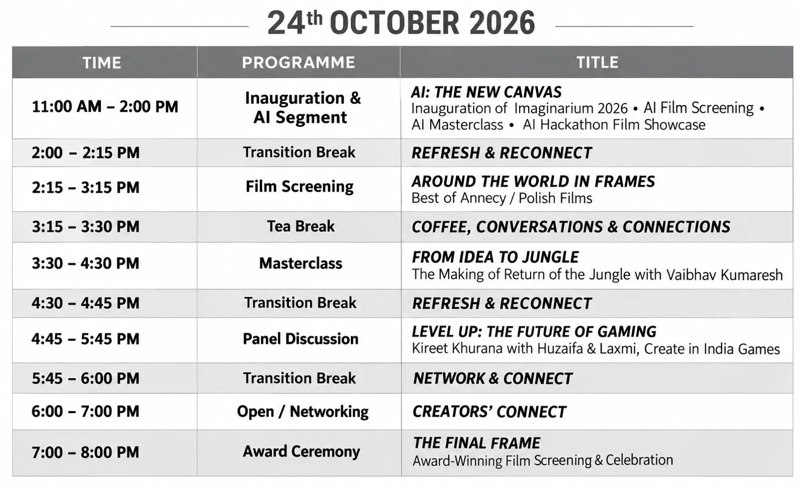 Imaginarium 24 October 2026 Programme